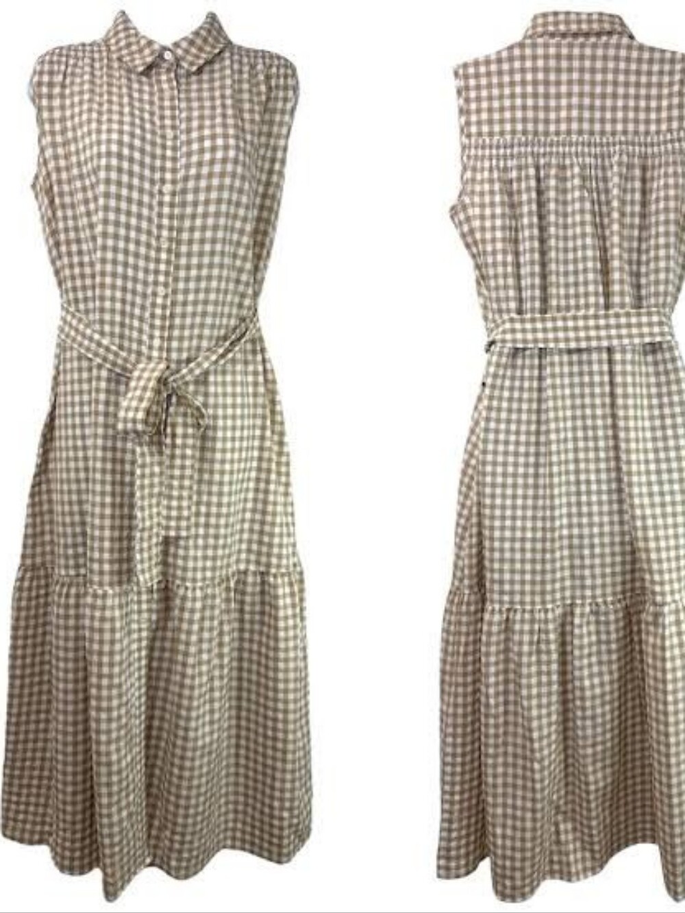 Tommy Hilfiger Beige Gingham Sleeveless Midi Shirt Dress